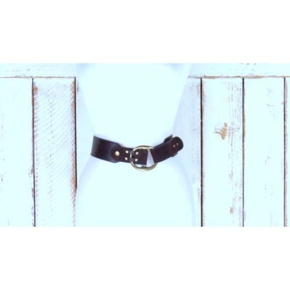 Wide dark brown leather vintage saddle belt/brass metal loop buckle belt - Picture 2 of 5